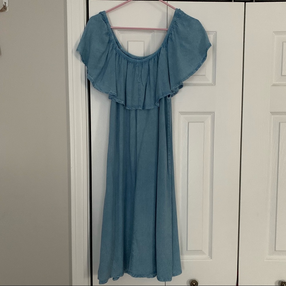 Denim Off the Shoulder Midi Shift Dress